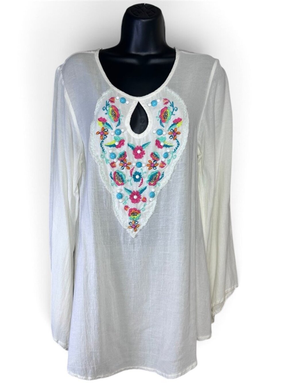 MISSY ROBERTSON Top Sz XL Ivory White Multicolor Embroidered Beaded Flare Sleeve